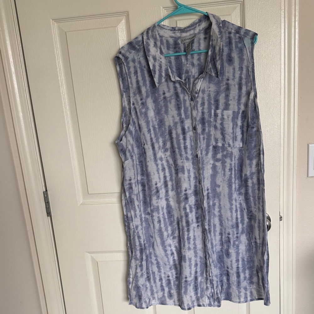 Catherines Blue and White Sleeveless Button-Down Swim Cover Up. Size 1X.